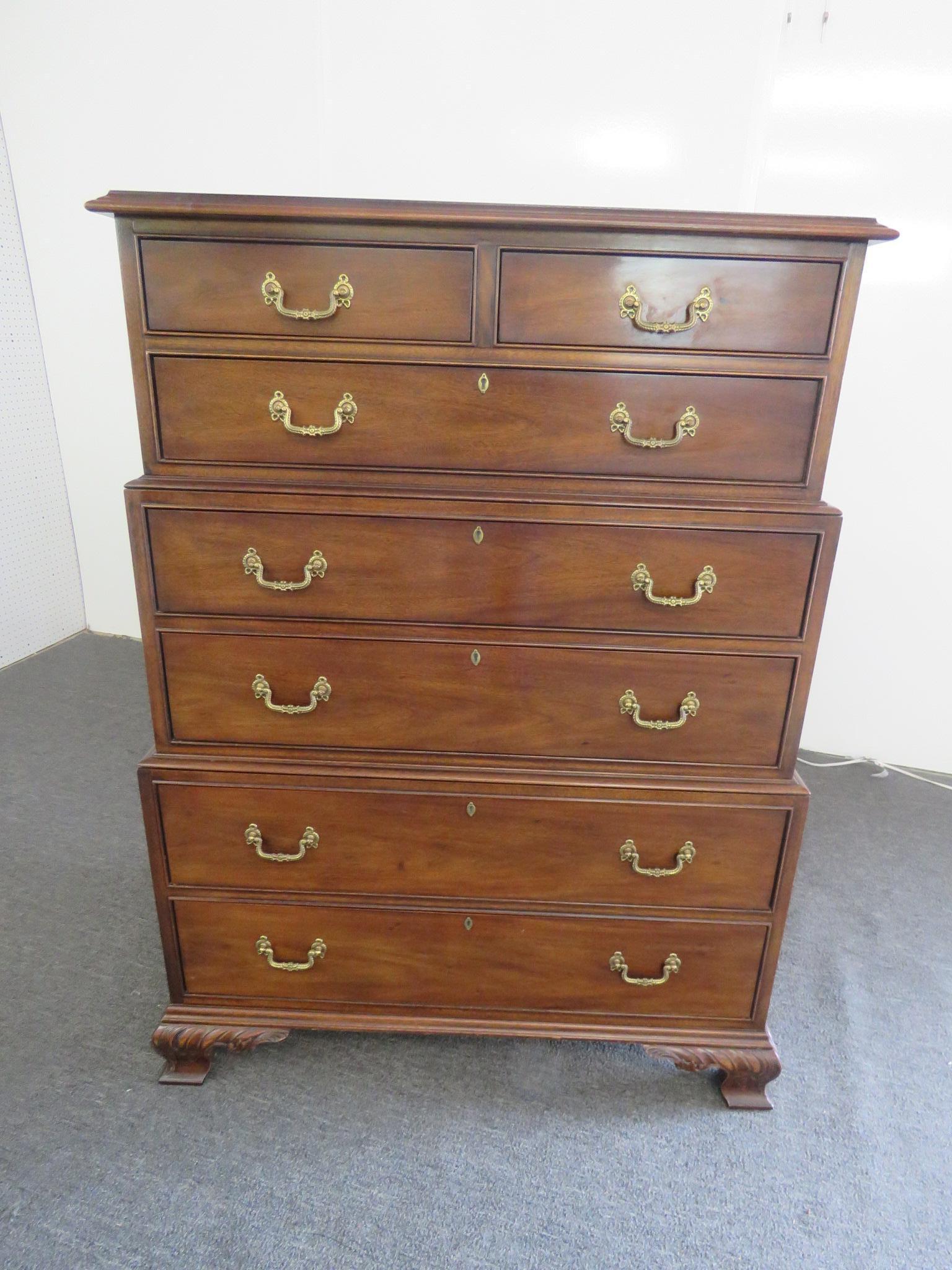 English traditional seven-drawer high chest with faux key holes.