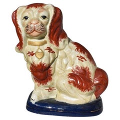 Antique English Traditional King Charles Spaniel Porcelain Dog in Red Blue and Gold 