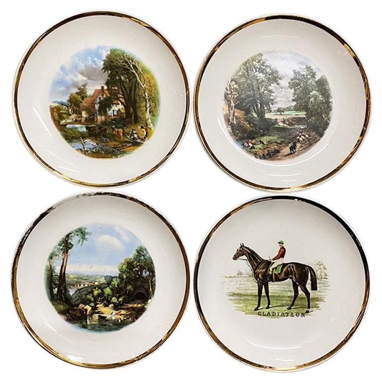 English Traditional Scenic Equestrian Catchall Trinket Dishes, Set of 4