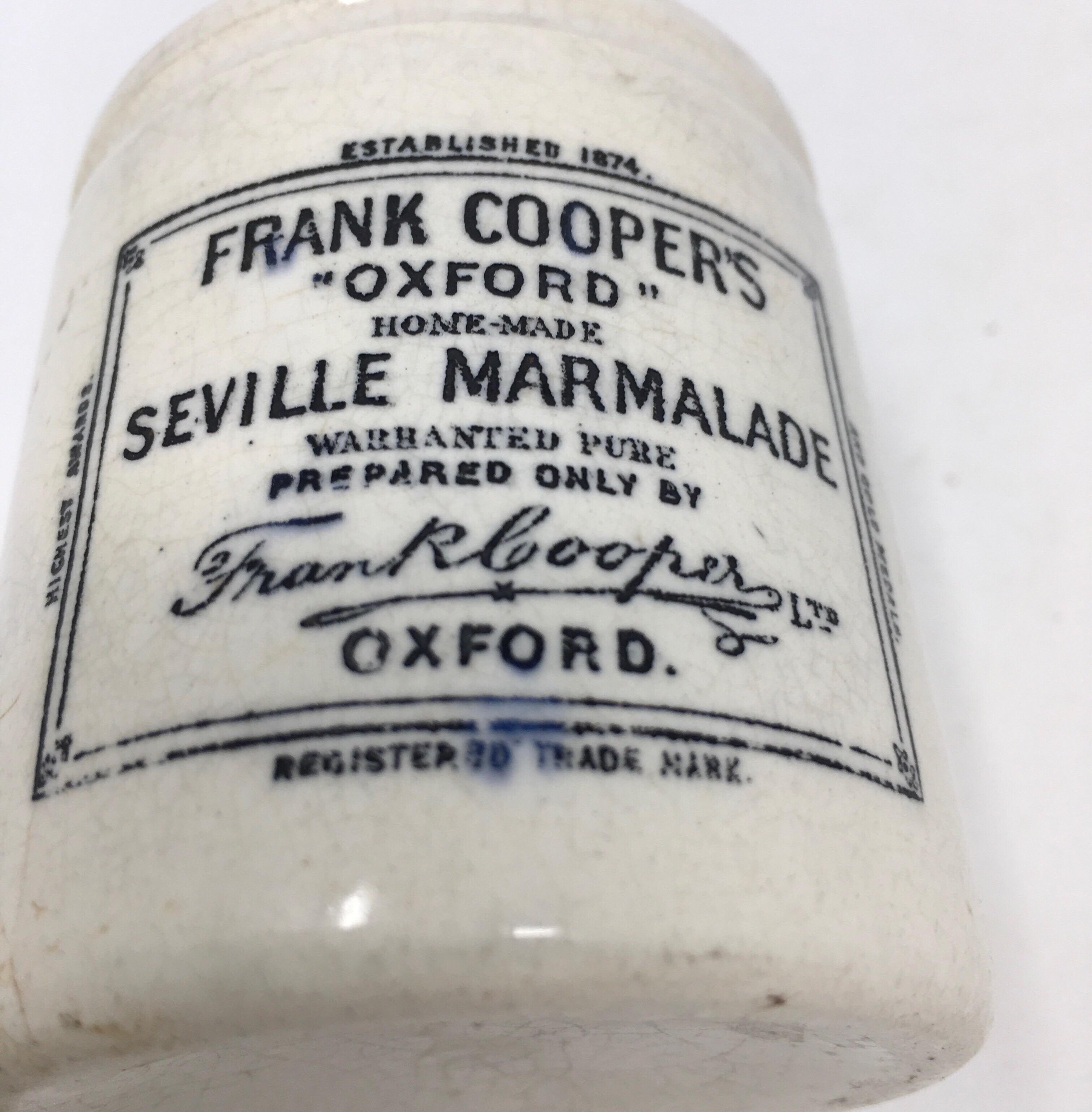 This wonderfully charming pot is an early version of the sought after Frank Cooper Marmalade. Frank Cooper (1844-1927) inherited his father’s grocery store in 1867. It is said that in 1874, his 24-year-old wife, Sarah-Jane produced 76 lbs of