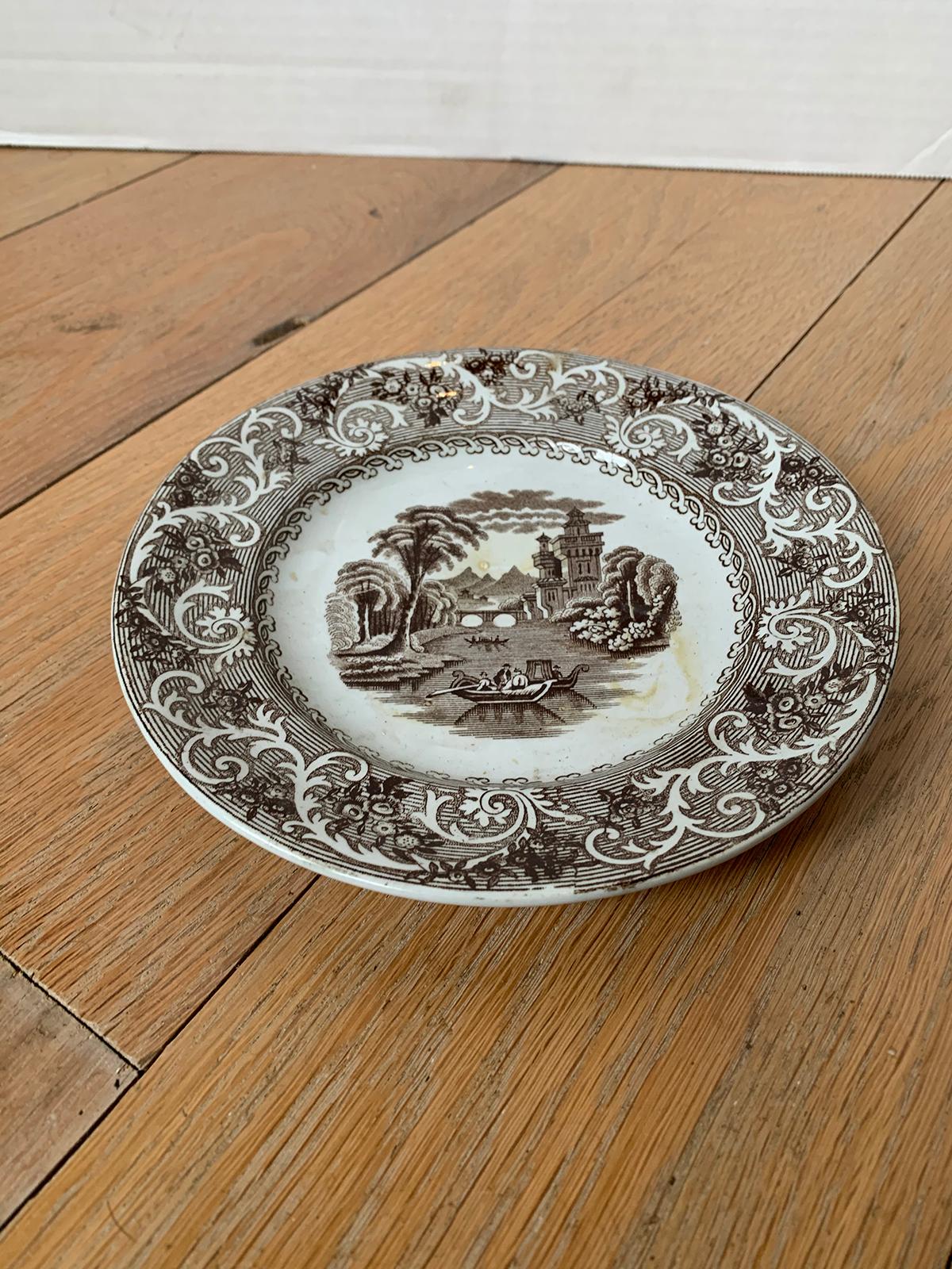 19th Century English Transferware Plate in Rhine Pattern Ironstone China Marked J.M. & S For Sale