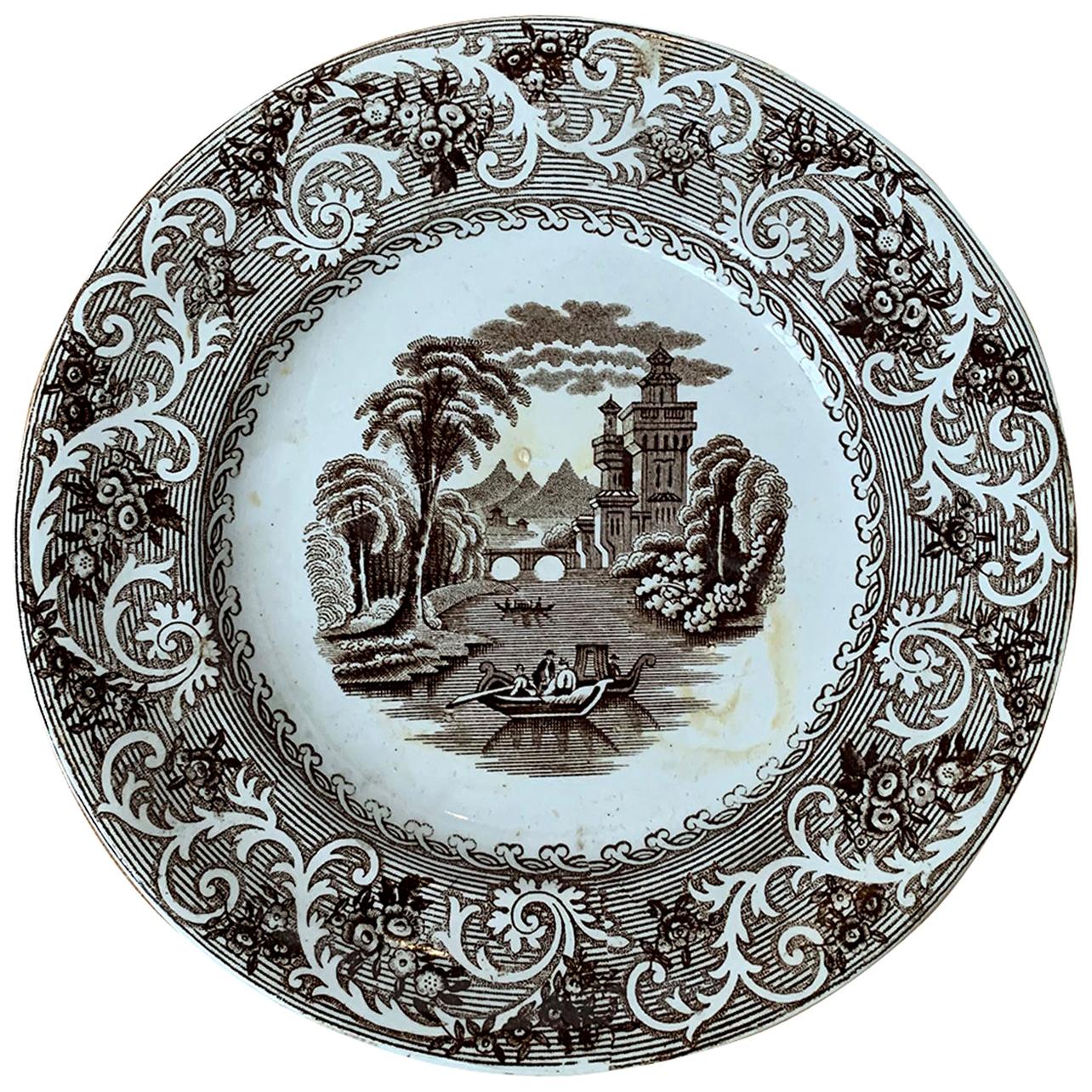 English Transferware Plate in Rhine Pattern Ironstone China Marked J.M. & S For Sale