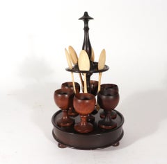 English Treen Egg Cup Stand with Six Fruitwood Cups & Spoons
