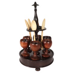 English Treen Egg Cup Stand with Six Fruitwood Cups & Spoons