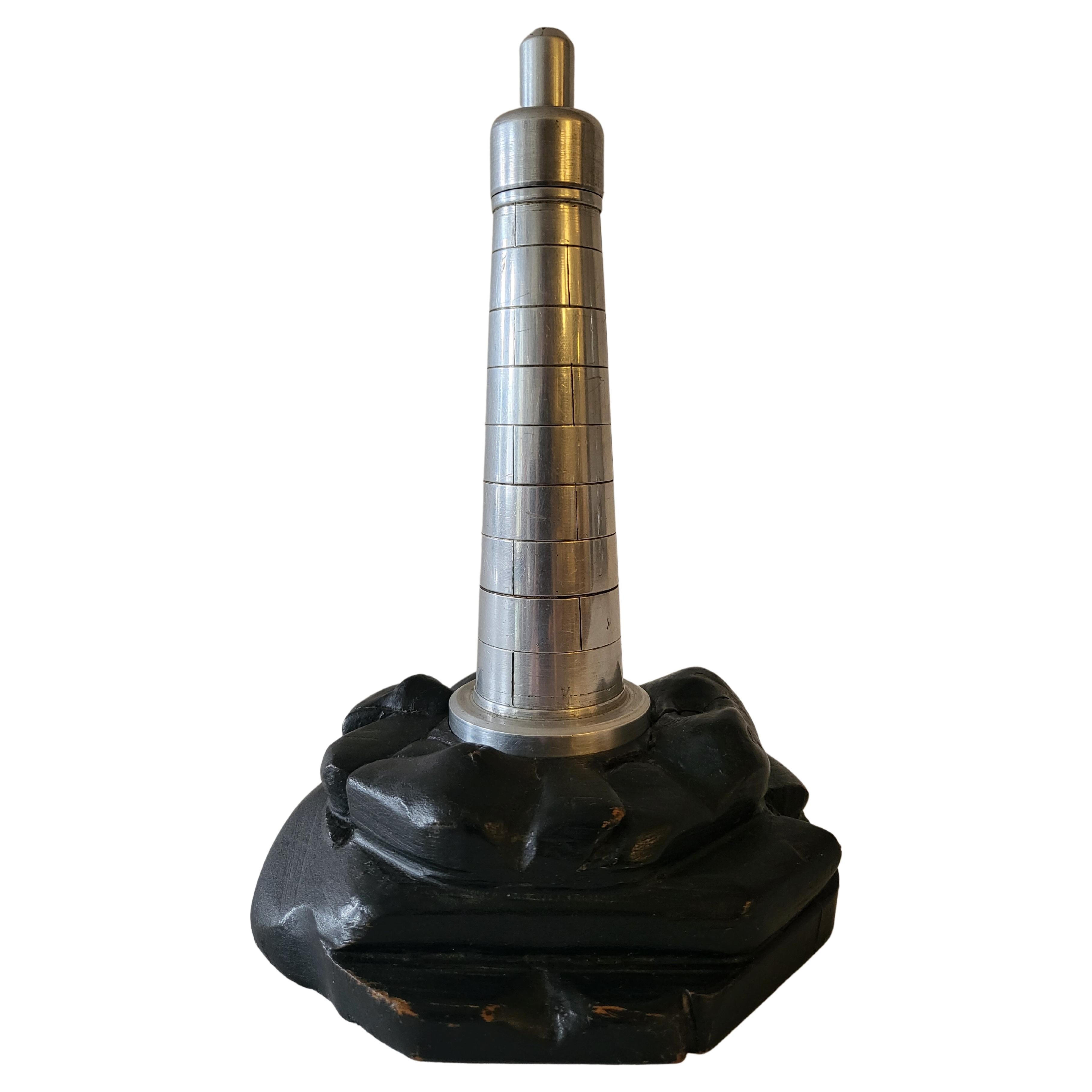 English Trench-Art Aluminum & Wood, Lighthouse, Wheel & Flint Table Lighter For Sale