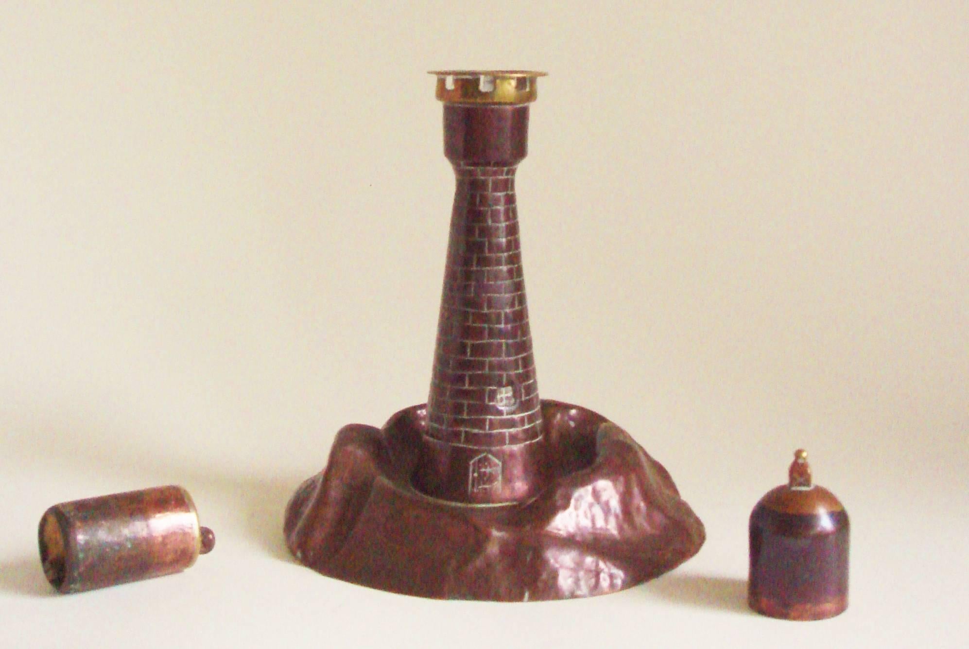 Folk Art English Trench Art Brass and Copper Lighthouse Wheel and Flint Table Lighter
