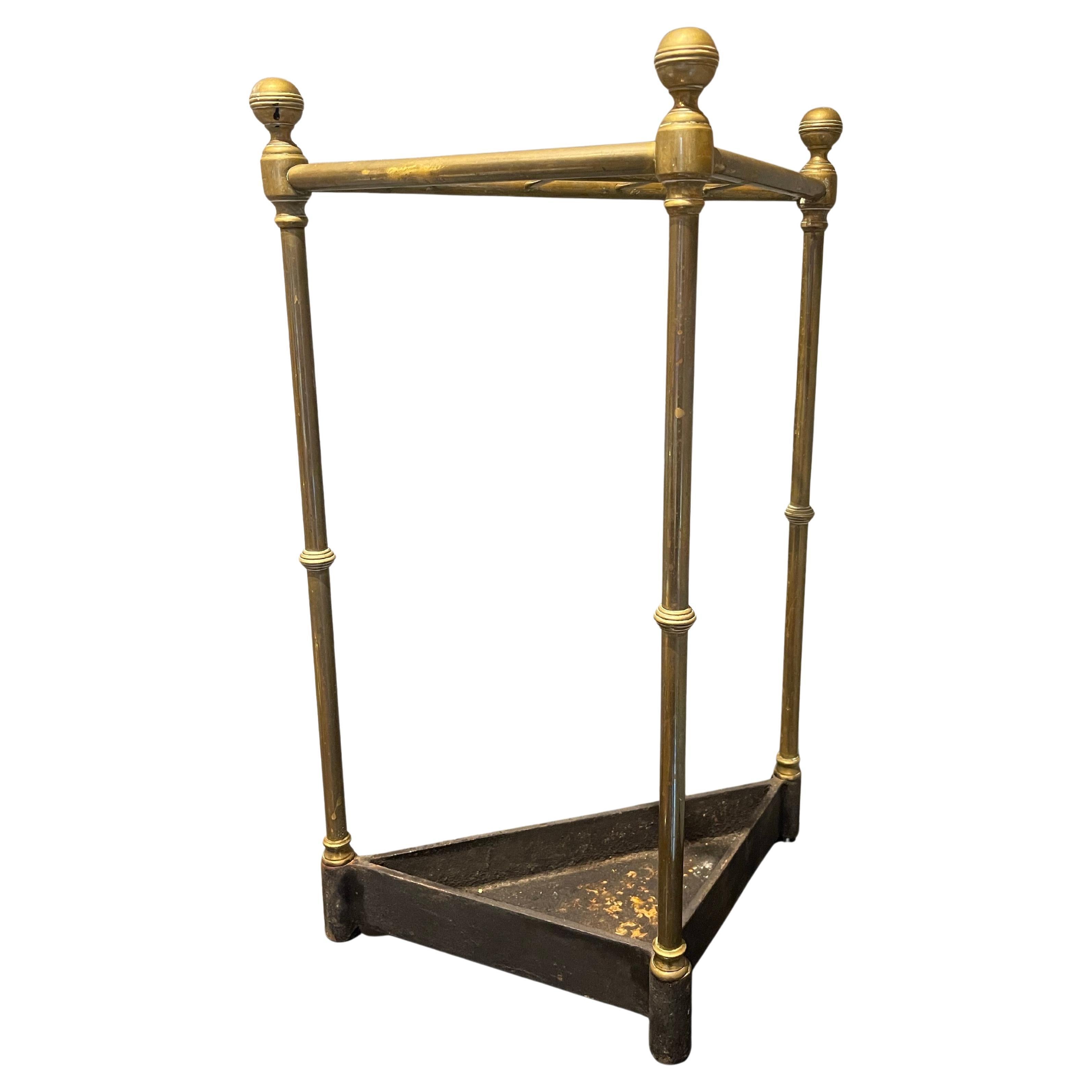 English Triangular Brass & Iron Six Slotted Umbrella Stand, 19th Century