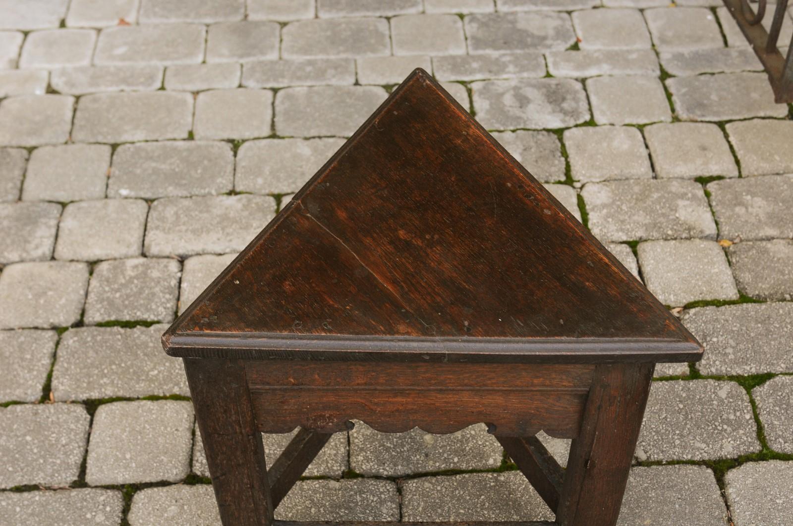 English Triangular Oak Stool with Carved Apron and Stretcher, circa 1840 1