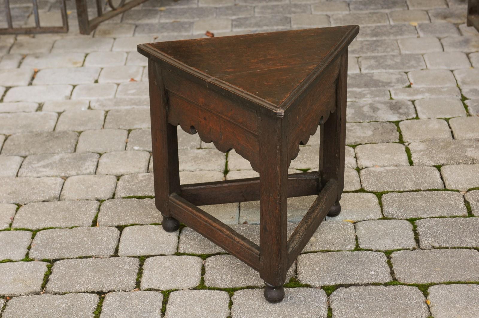 English Triangular Oak Stool with Carved Apron and Stretcher, circa 1840 2