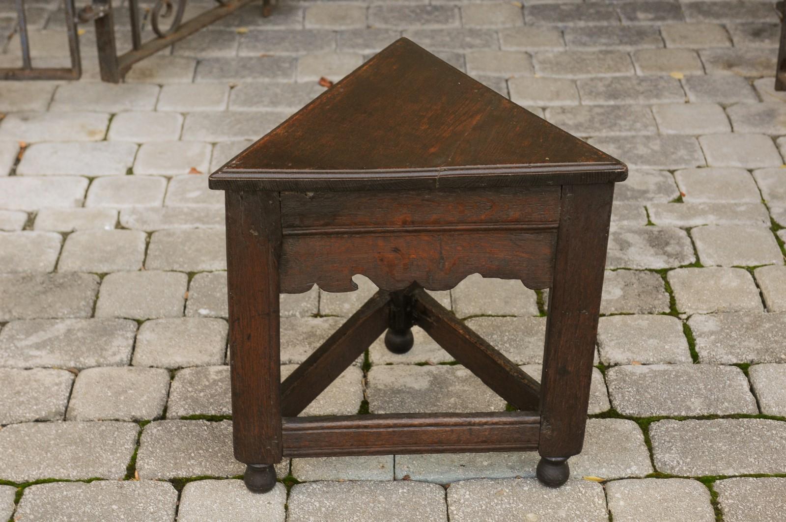 English Triangular Oak Stool with Carved Apron and Stretcher, circa 1840 3