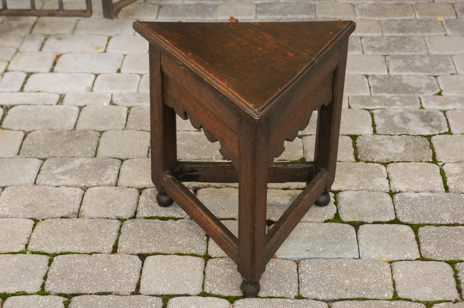 English Triangular Oak Stool with Carved Apron and Stretcher, circa 1840 4