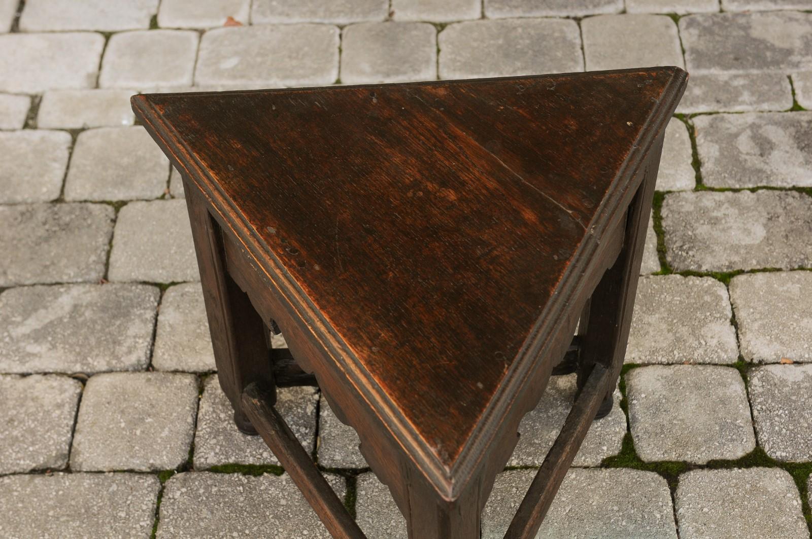 English Triangular Oak Stool with Carved Apron and Stretcher, circa 1840 5