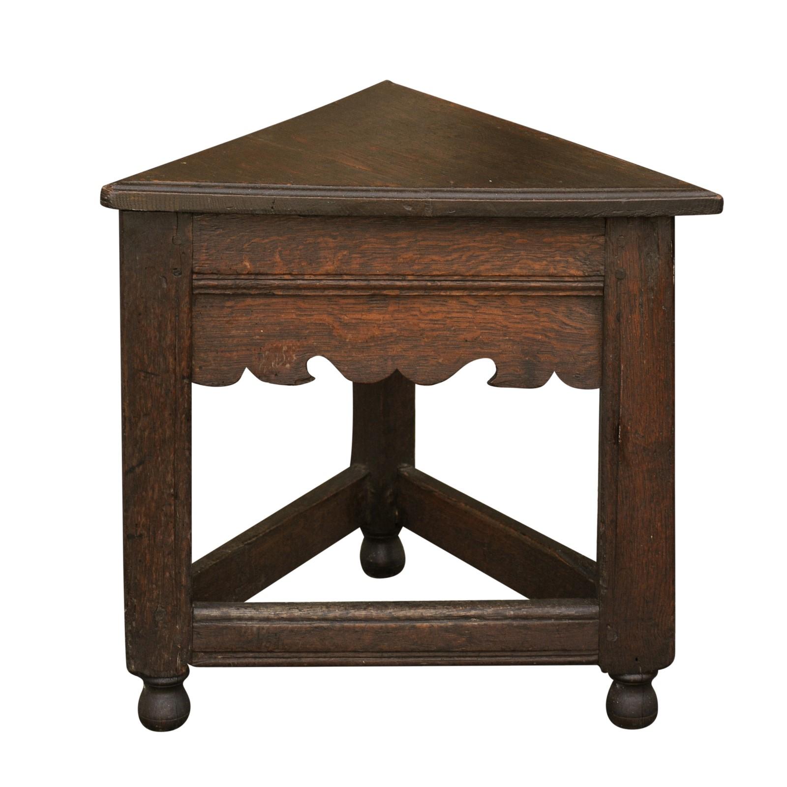 English Triangular Oak Stool with Carved Apron and Stretcher, circa 1840