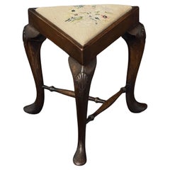 English Triangular Stool with Cabriole Legs and a Needlepoint Seat