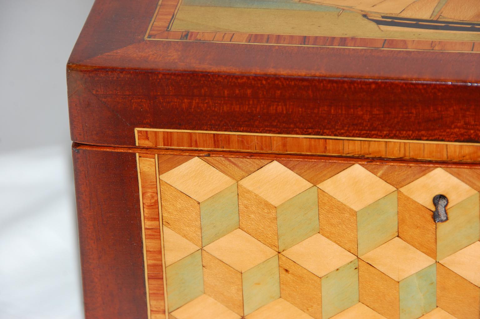 Inlay English Trinity House Tea Caddy, Inlaid Sailing Ship and Parquetry Panels