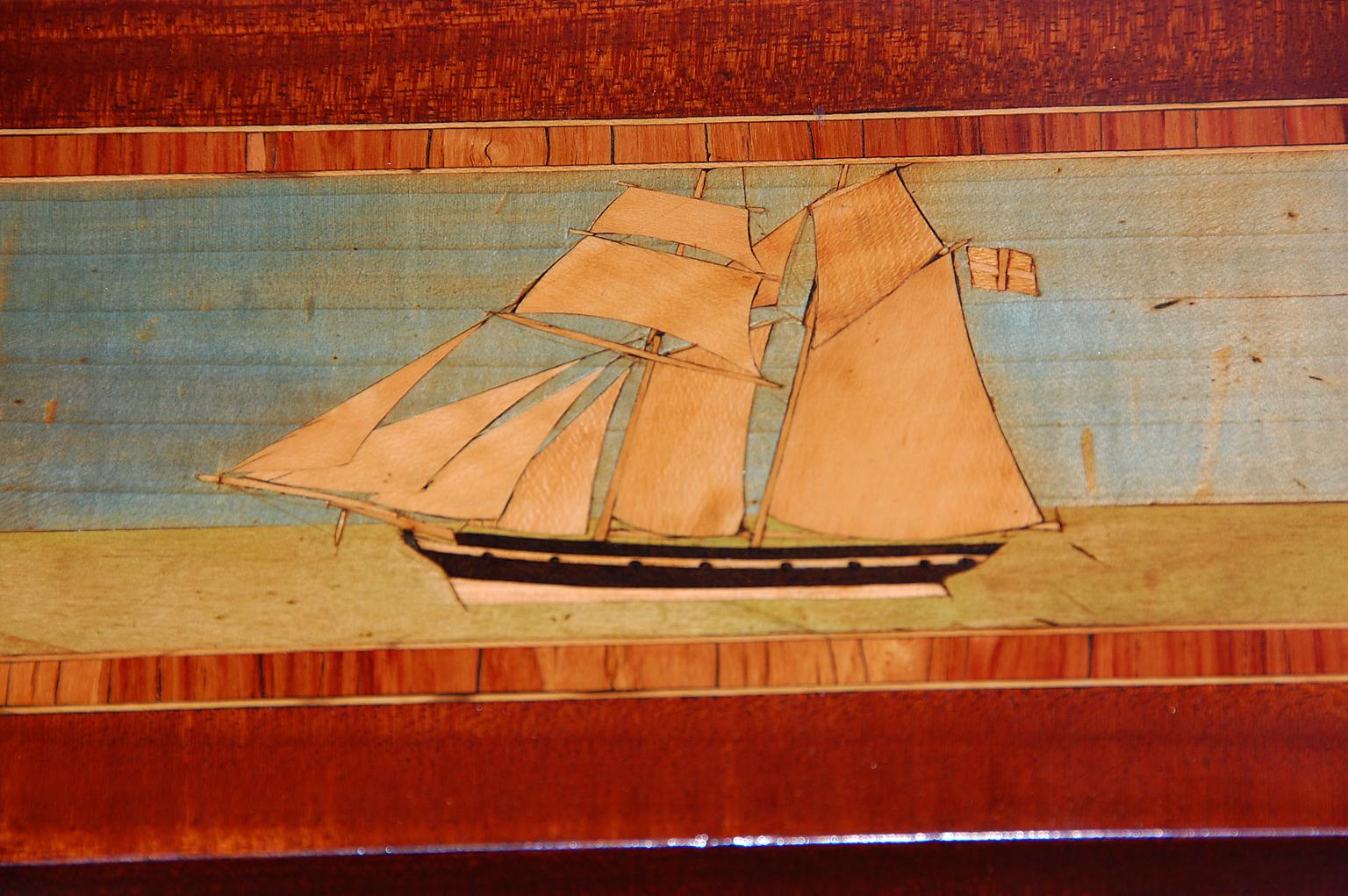 English Trinity House Tea Caddy, Inlaid Sailing Ship and Parquetry Panels In Good Condition In Wells, ME