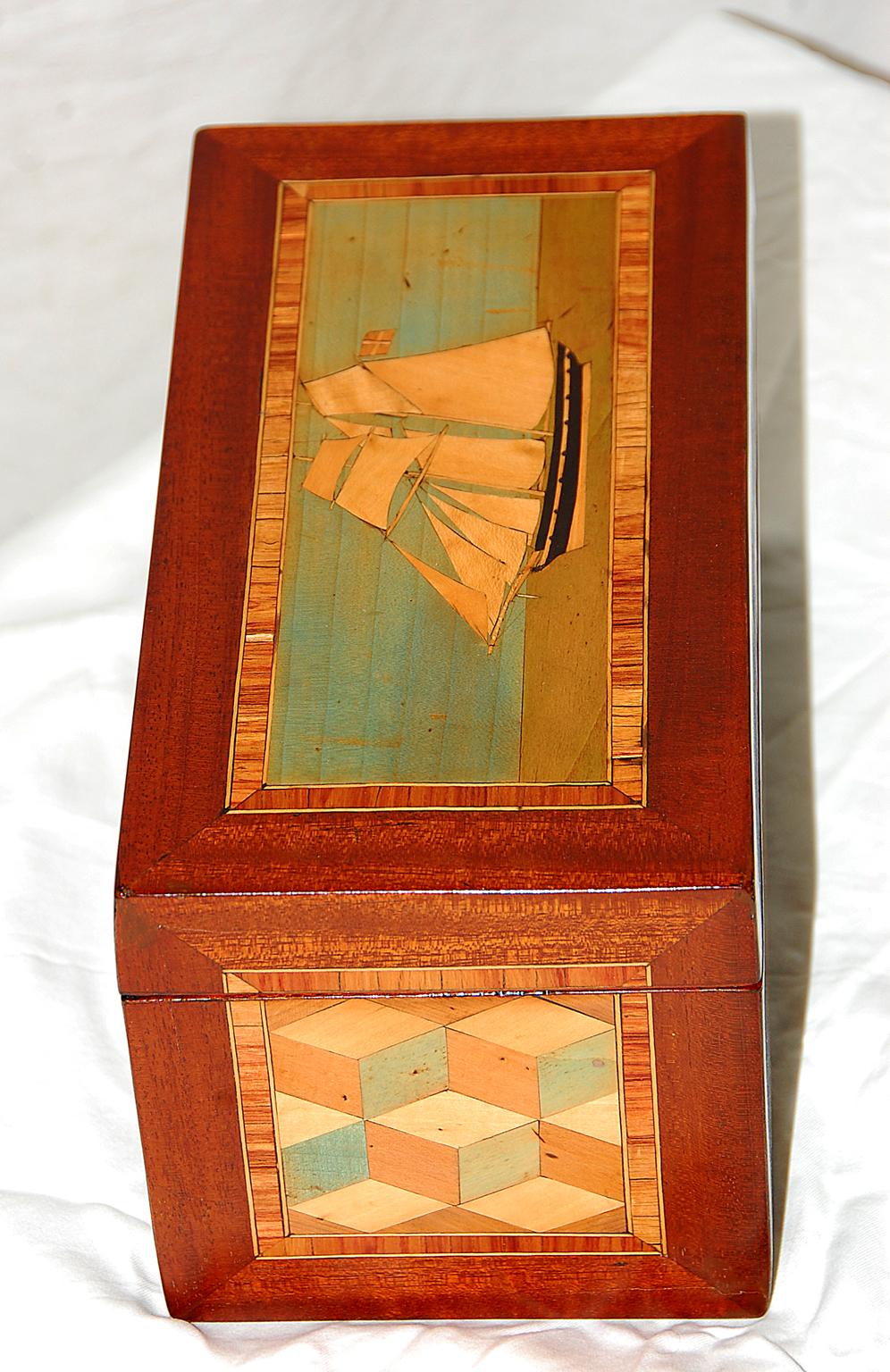 19th Century English Trinity House Tea Caddy, Inlaid Sailing Ship and Parquetry Panels