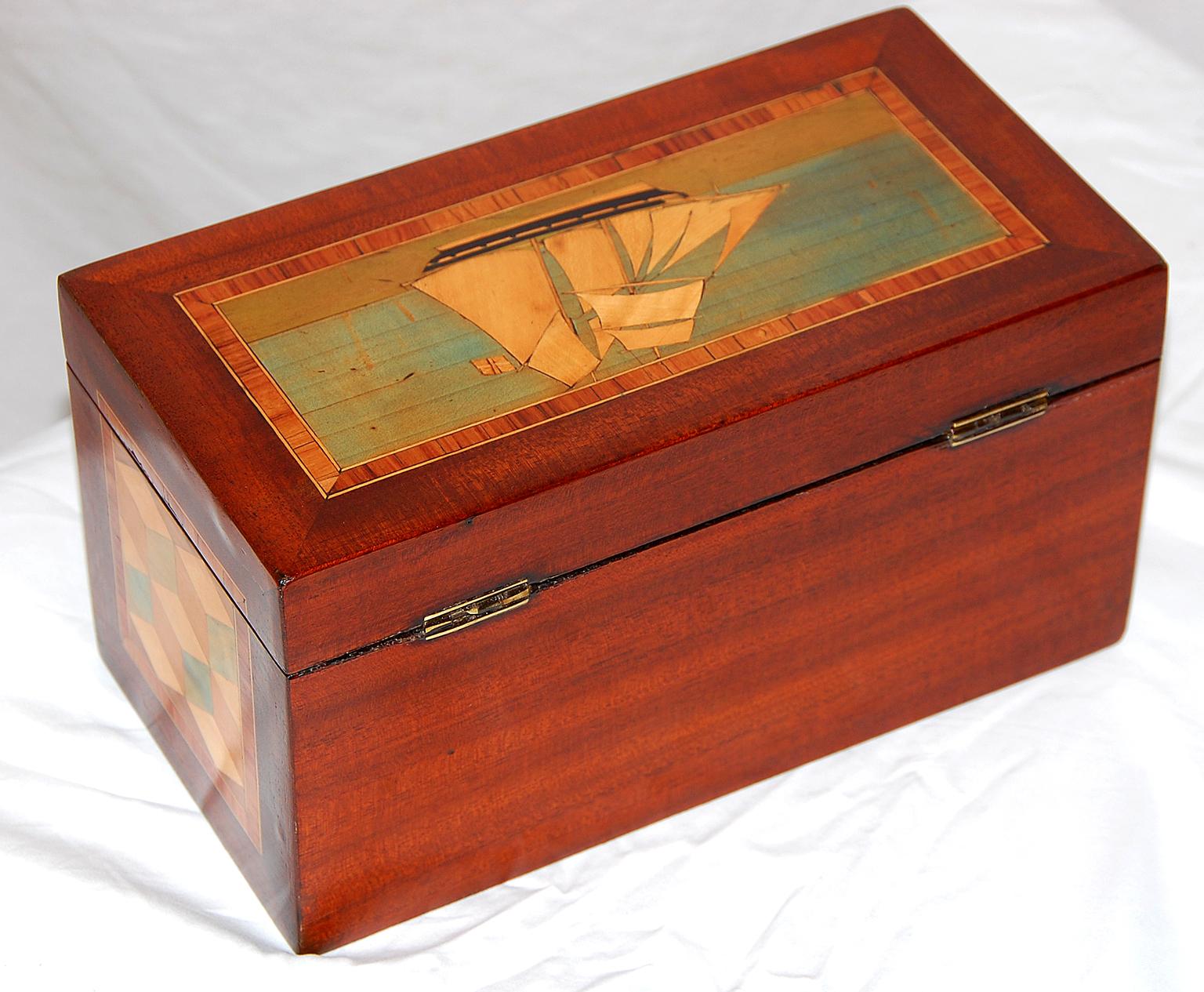 Mahogany English Trinity House Tea Caddy, Inlaid Sailing Ship and Parquetry Panels