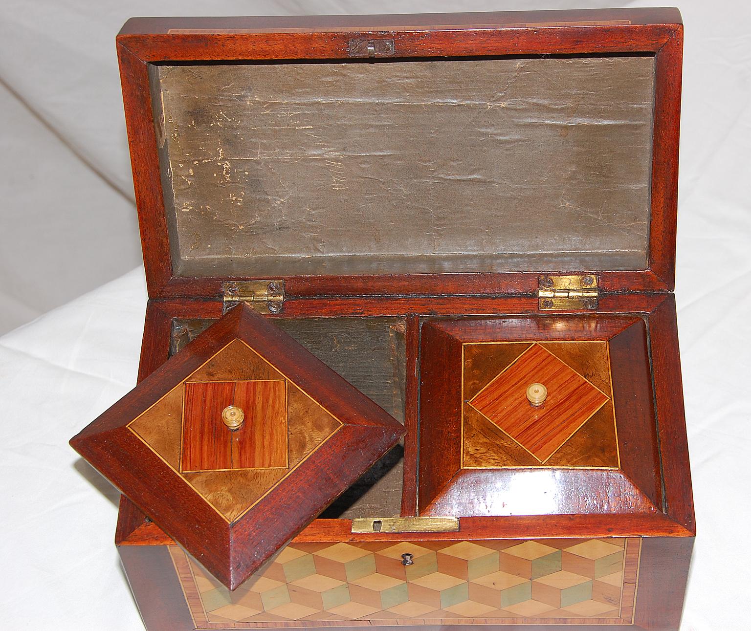 English Trinity House Tea Caddy, Inlaid Sailing Ship and Parquetry Panels 1