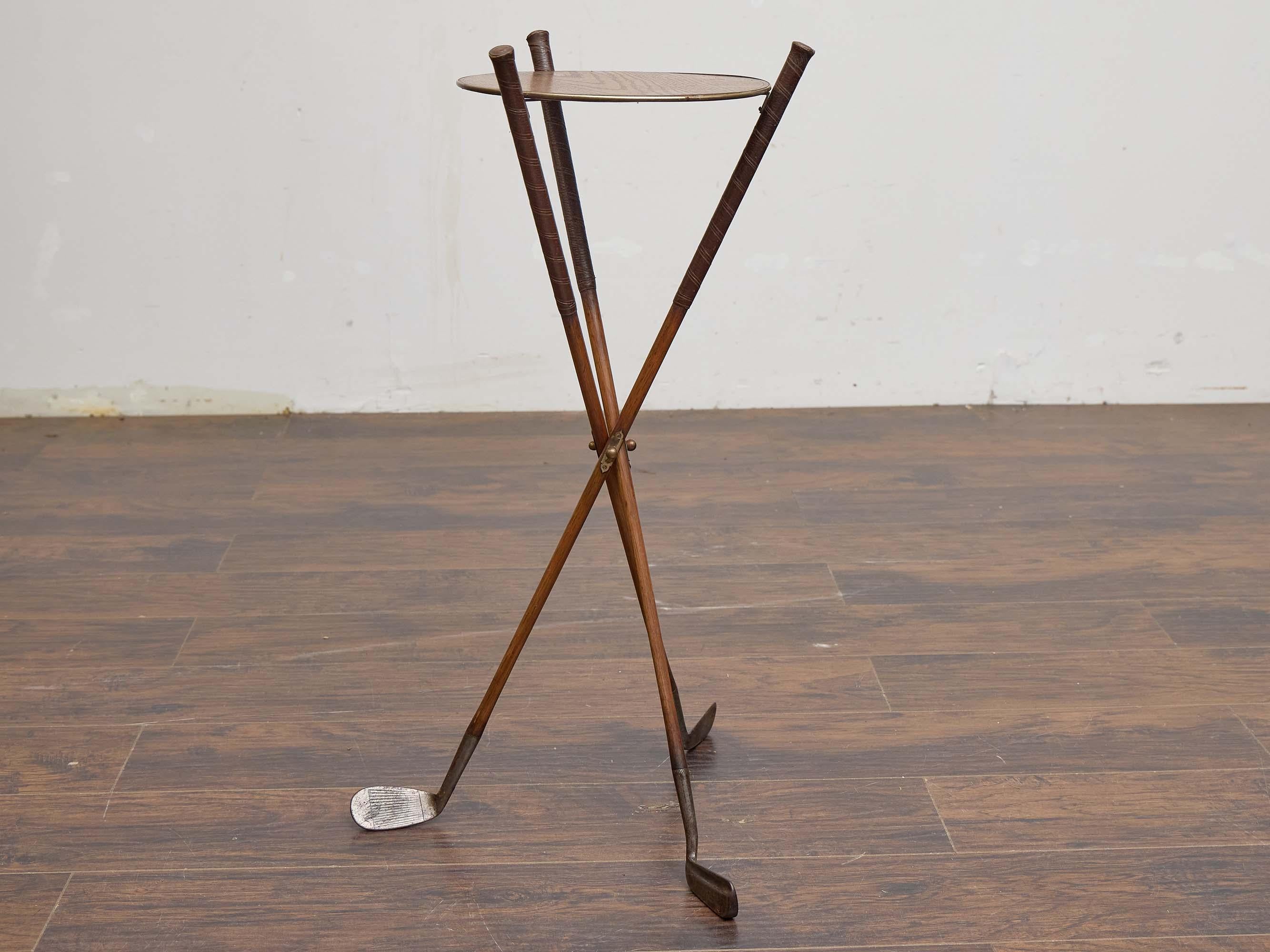 Brass English Tripod Side Table Crafted from Hickory Shaft Golf Clubs, Circa 1920-1930 For Sale