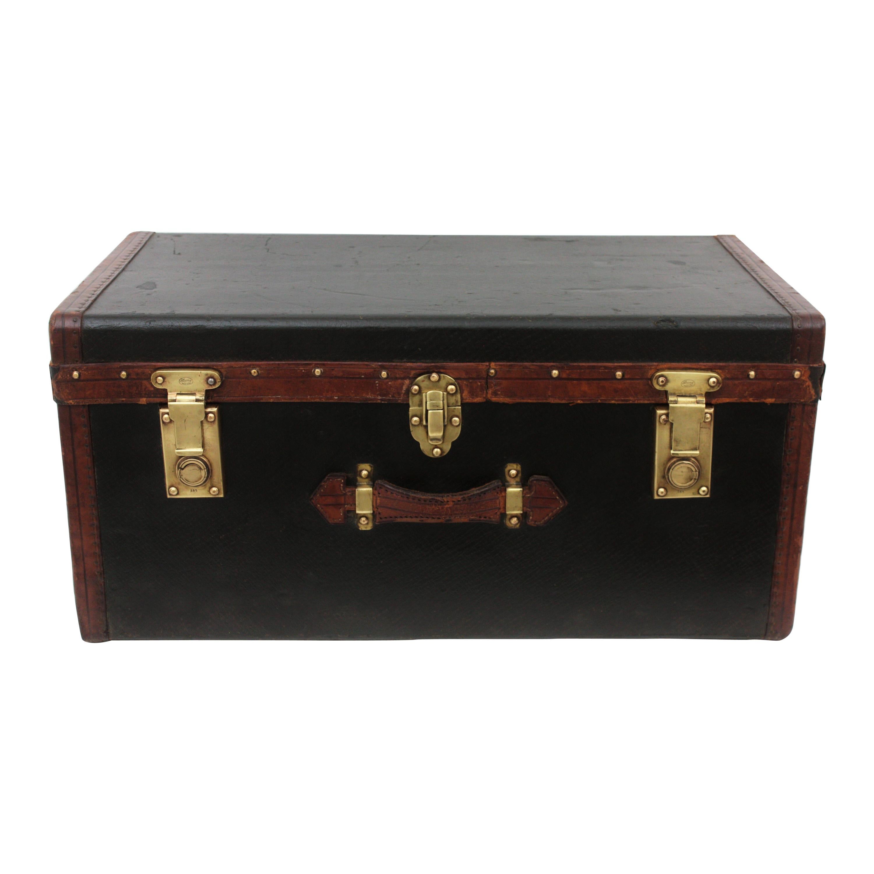 Baule inglese in pelle e tela con serrature in ottone