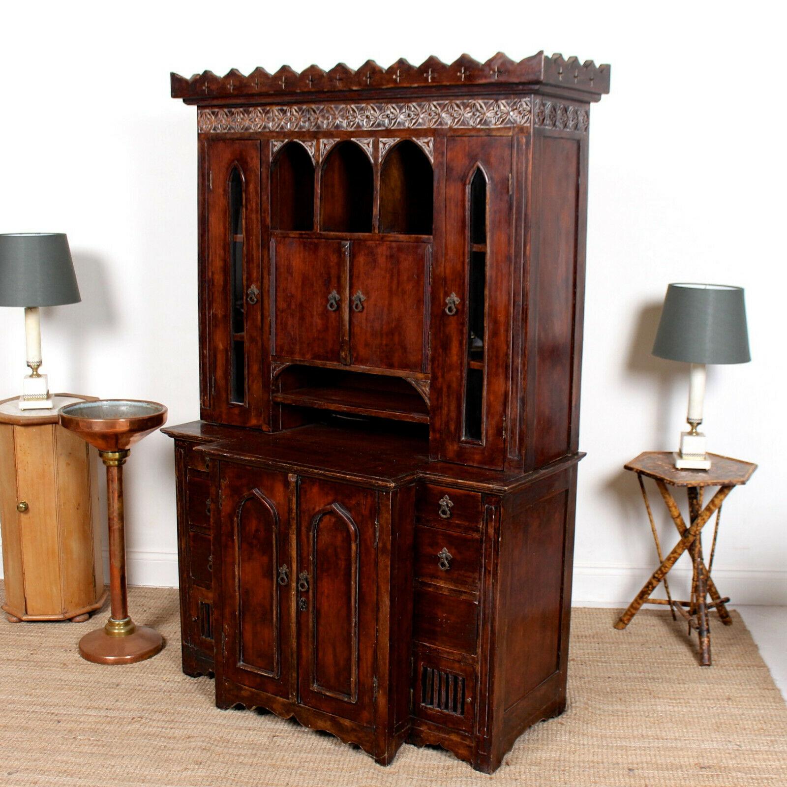 Hardwood English Tudor Carved Dresser Cabinet For Sale