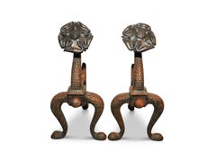 English Tudor Rose Wrought Iron and Brass Firescreen and Andirons Set
