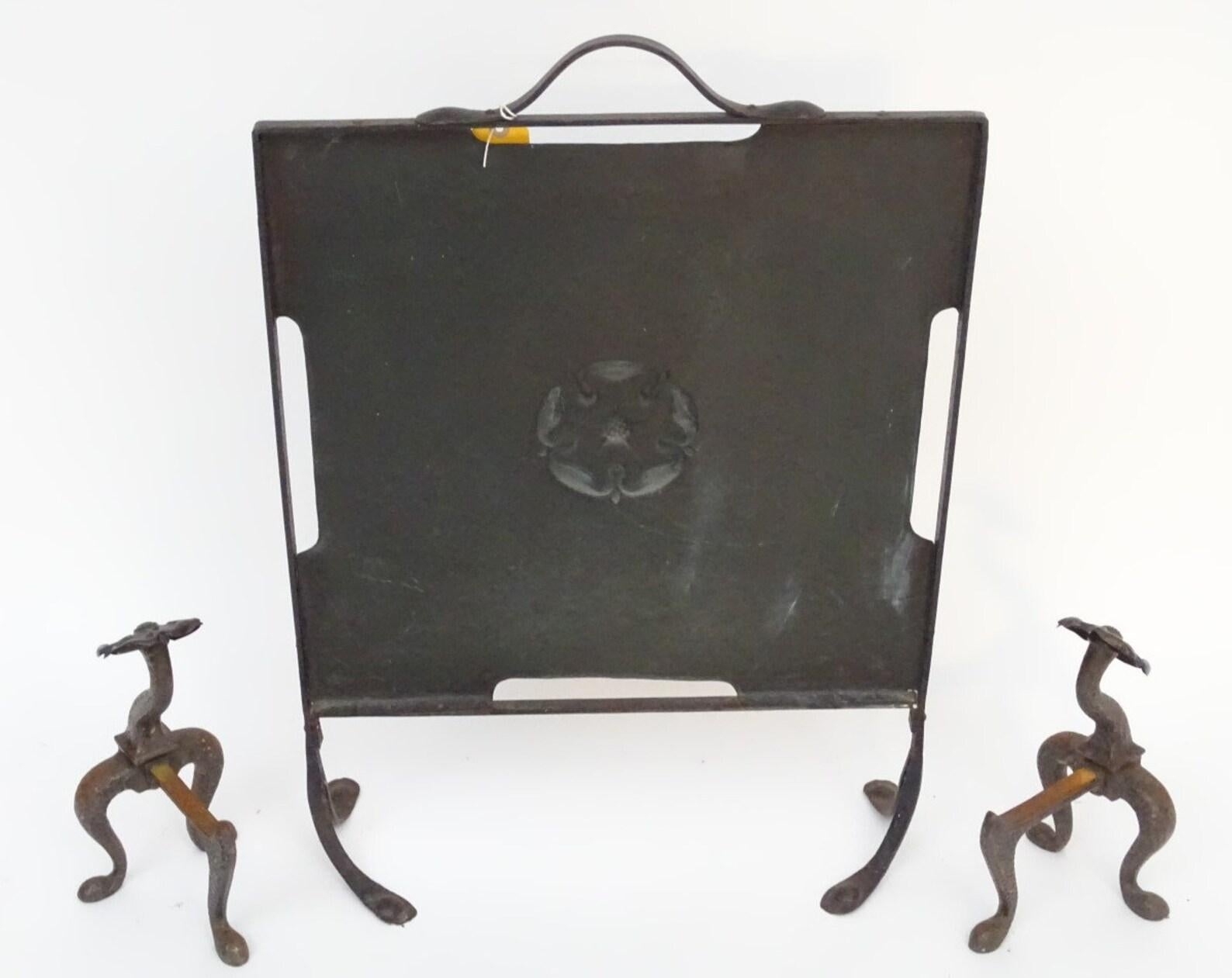 19th Century English Tudor Rose Wrought Iron and Brass Firescreen and Andirons Set For Sale