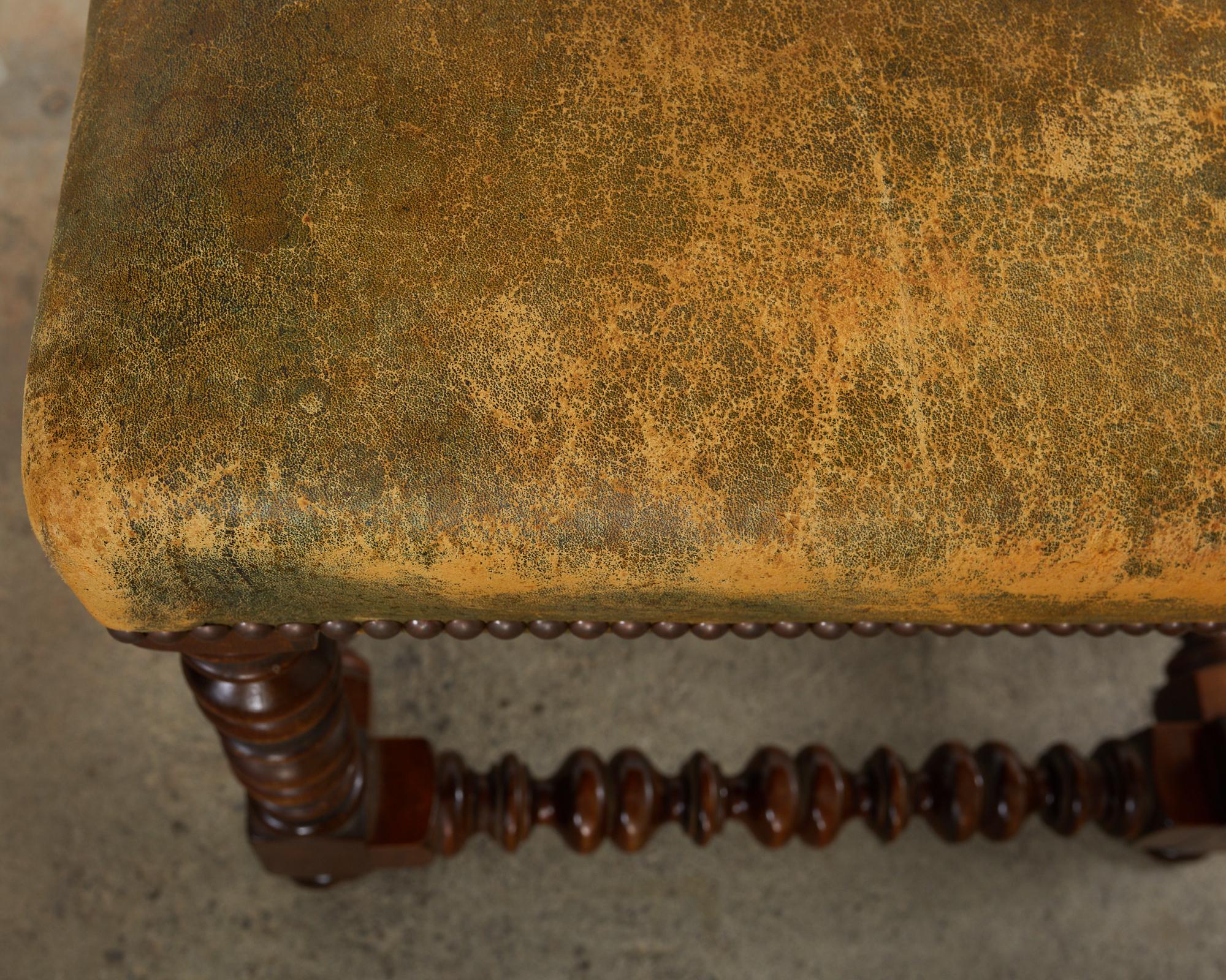 English Tudor Style Bobbin Turned Walnut Leather Bench For Sale 6
