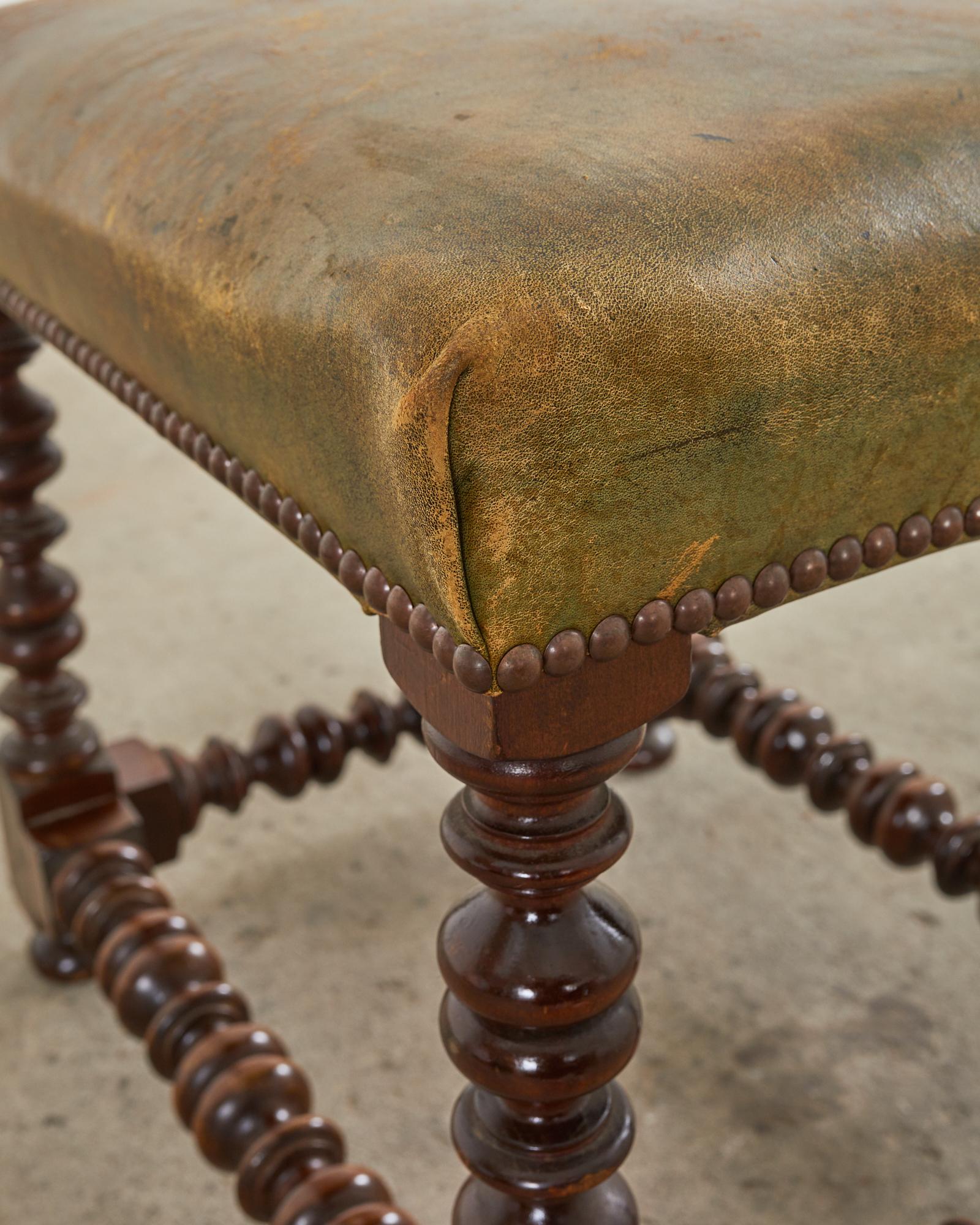 English Tudor Style Bobbin Turned Walnut Leather Bench For Sale 9