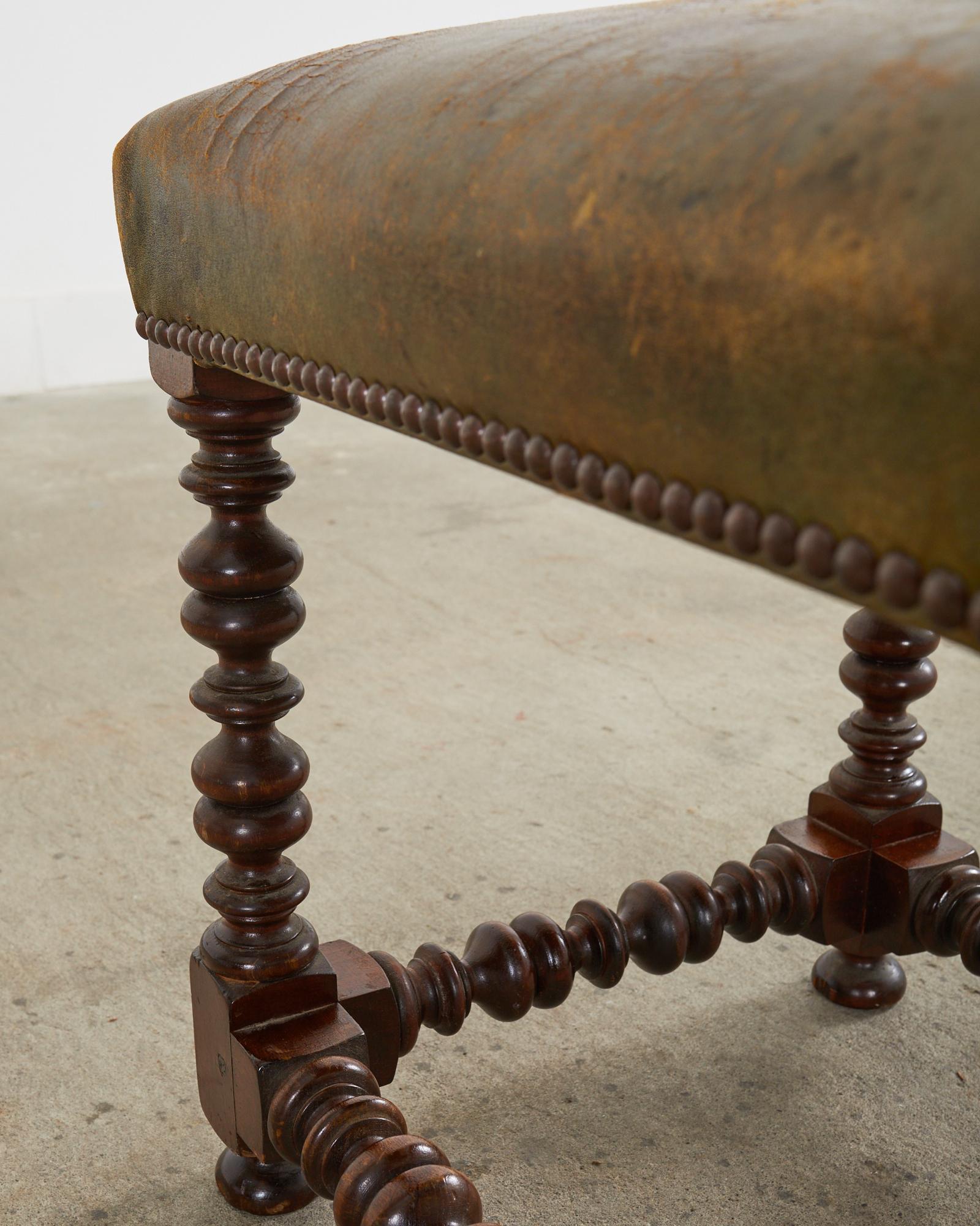 English Tudor Style Bobbin Turned Walnut Leather Bench For Sale 11