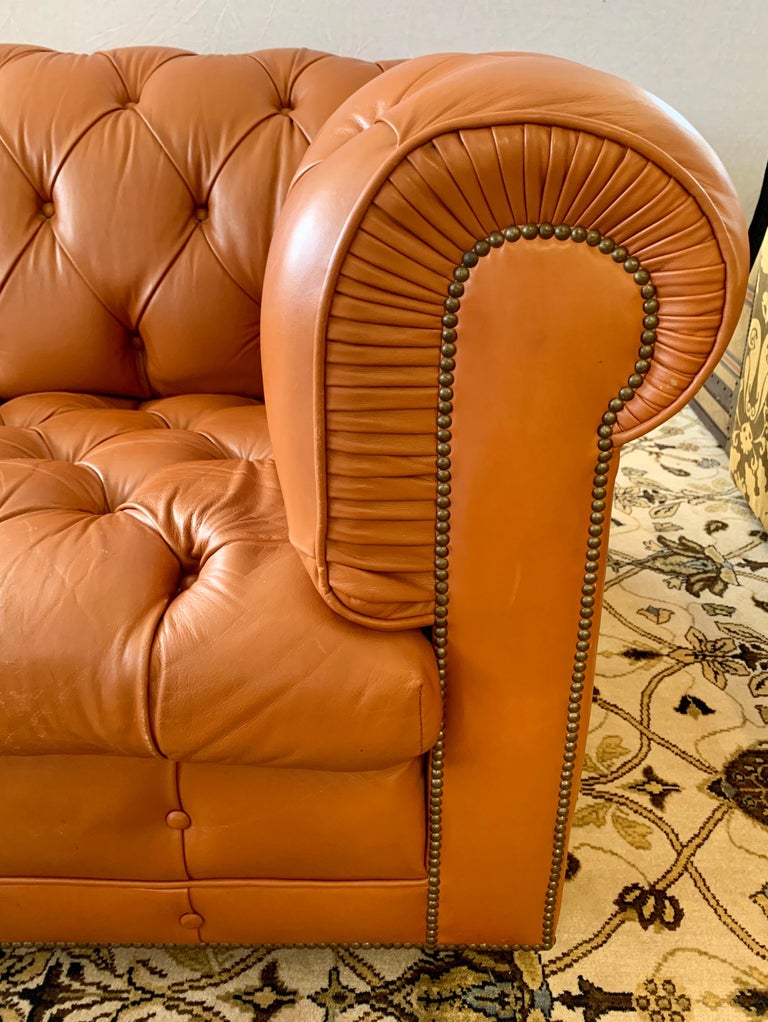 English Tufted Caramel Leather Chesterfield ThreeSeat Sofa at 1stDibs