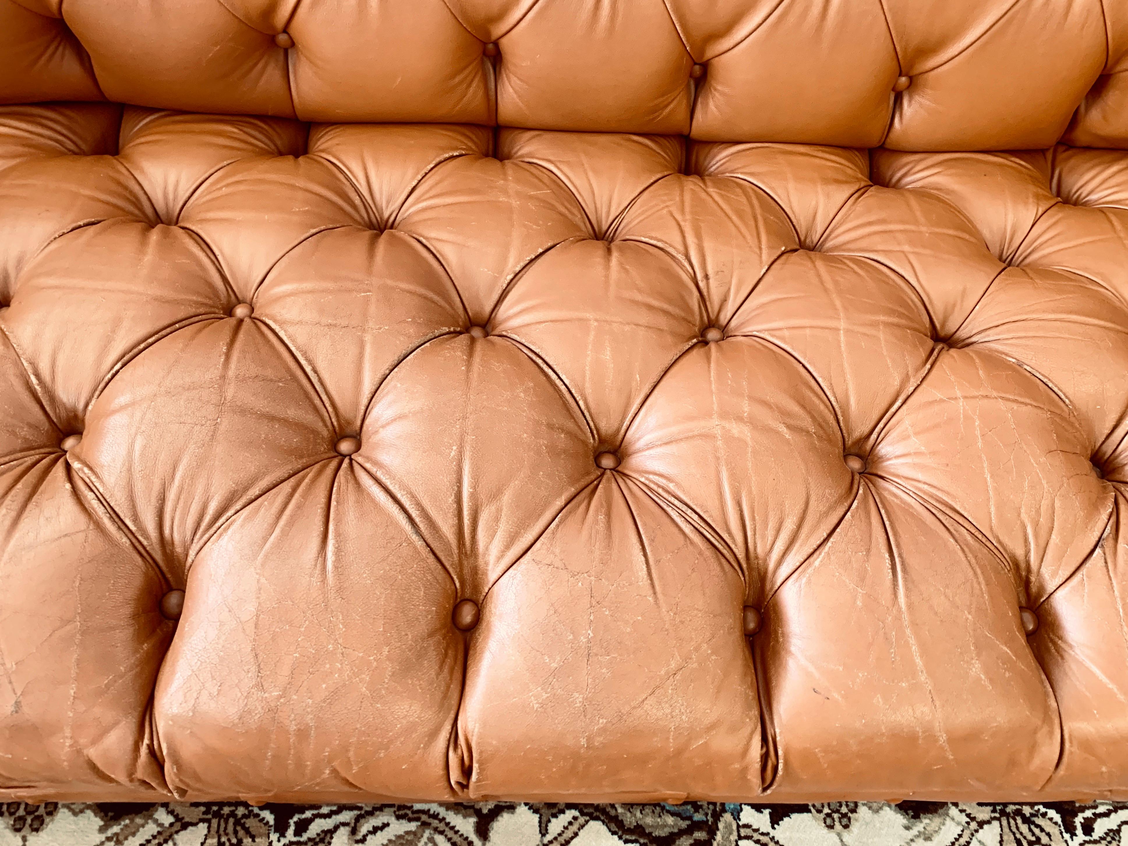 English Tufted Caramel Leather Chesterfield Three-Seat Sofa 2