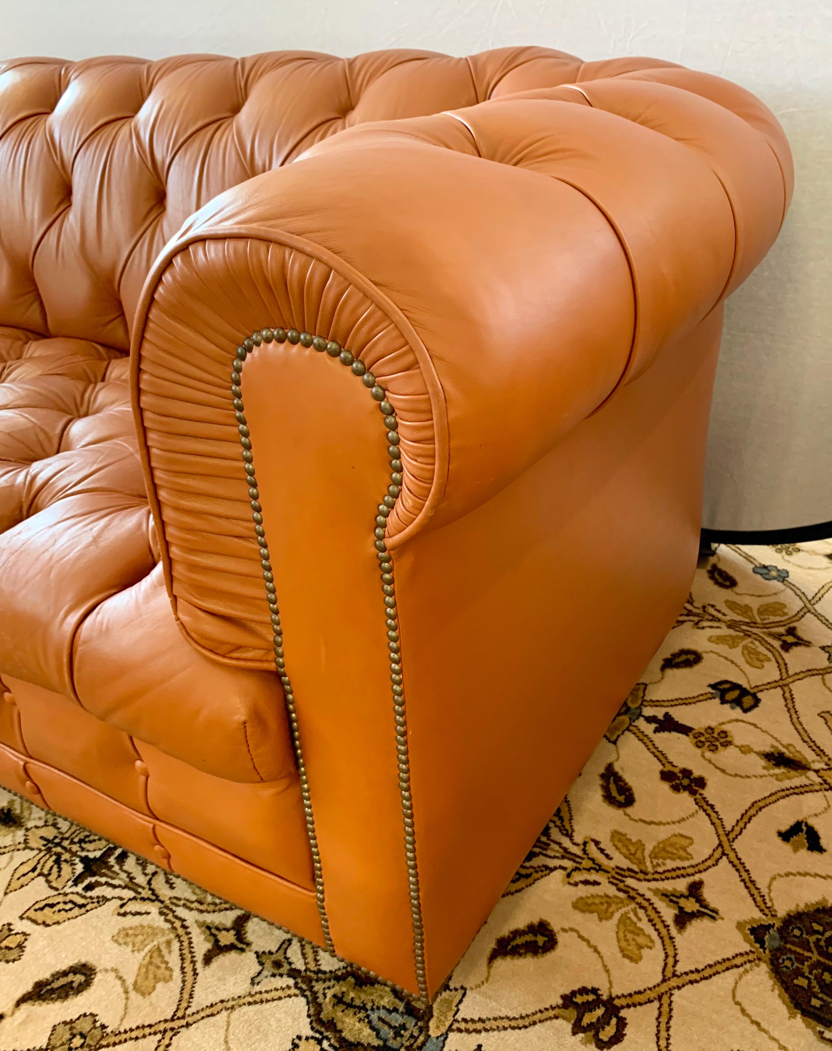 English Tufted Caramel Leather Chesterfield Three-Seat Sofa 3
