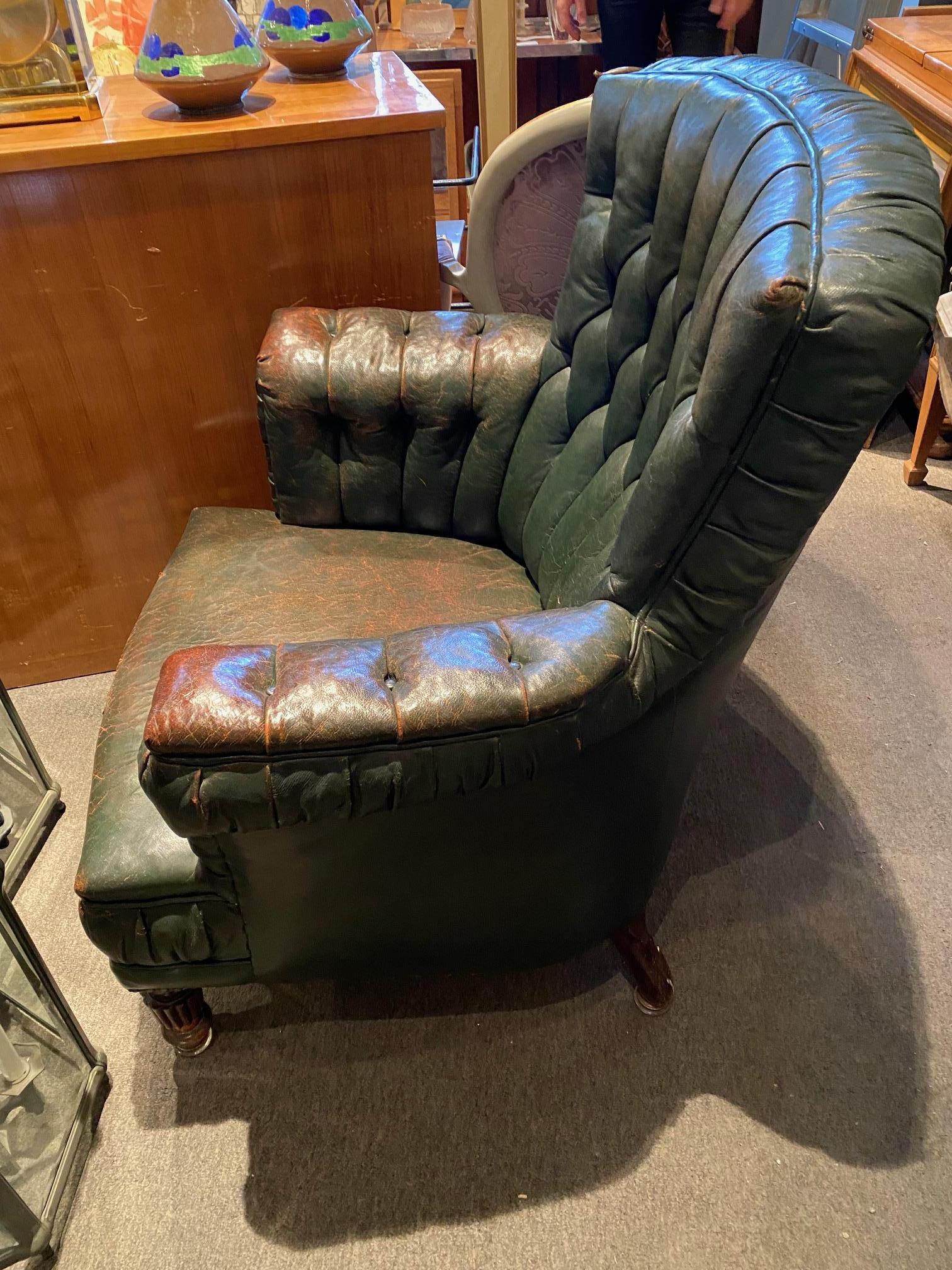 Victorian English Tufted Green Leather Library Armchair