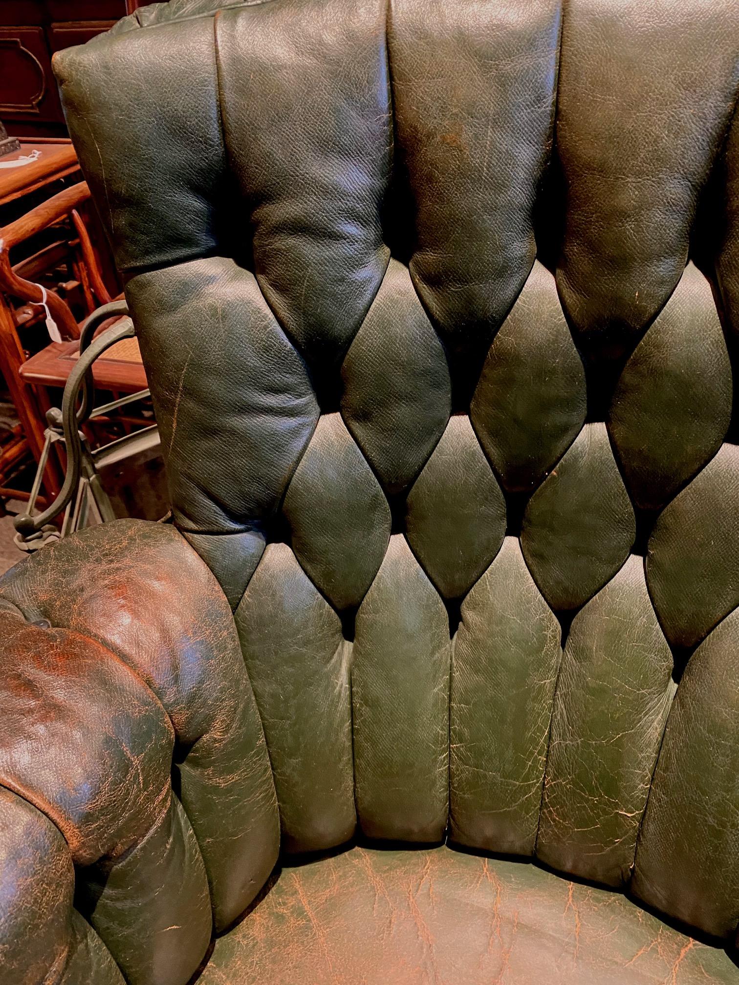 English Tufted Green Leather Library Armchair 1