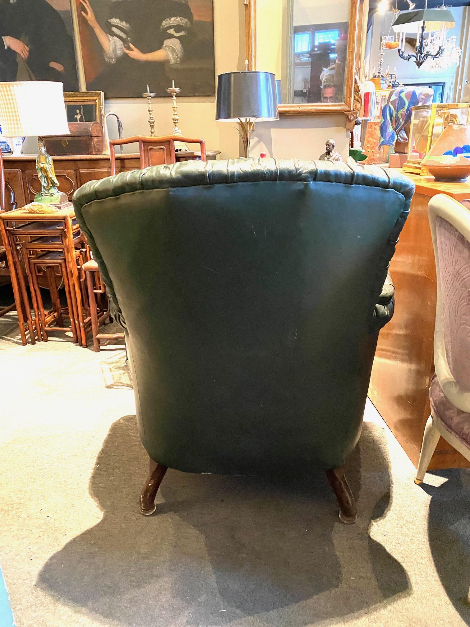 English Tufted Green Leather Library Armchair 3