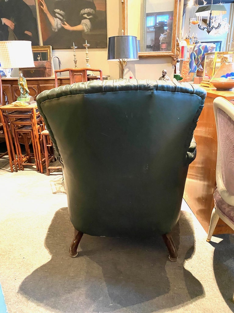English Tufted Green Leather Library Armchair For Sale 3