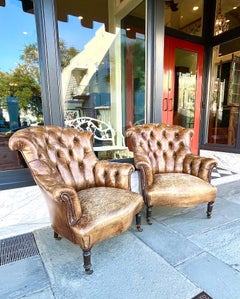 English Tufted Leather Accent Chairs with Mahogany Legs, on Brass Casters