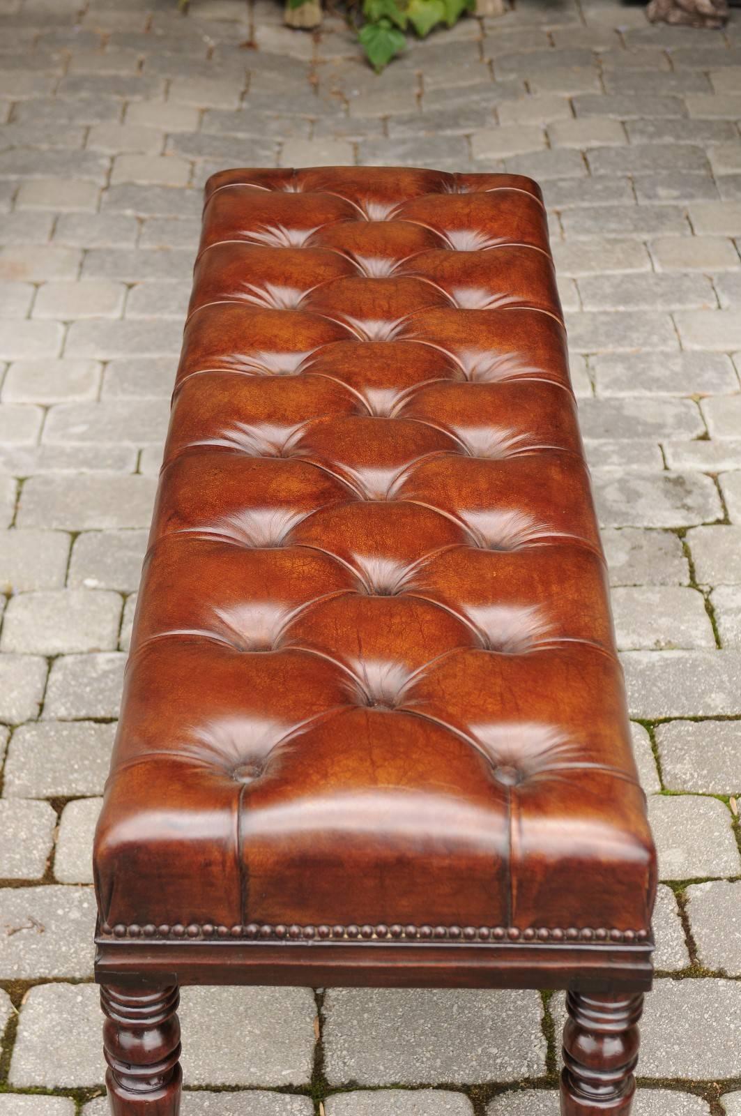 English Tufted Leather and Mahogany Backless Bench from the 1870s 6