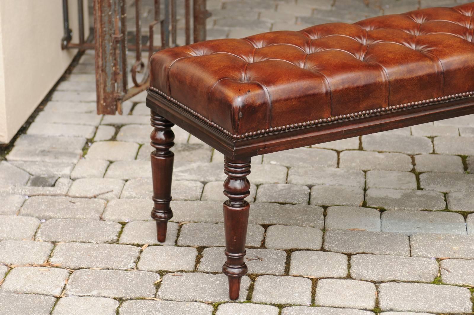 English Tufted Leather and Mahogany Backless Bench from the 1870s 2
