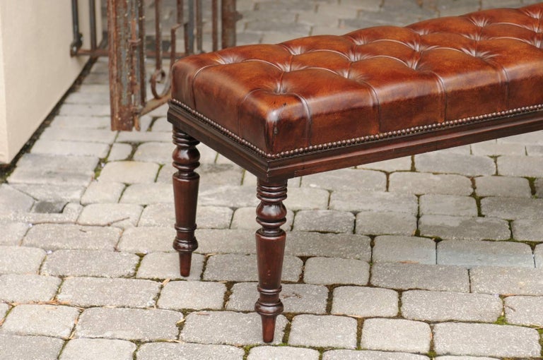 English Tufted Leather and Mahogany Backless Bench from the 1870s at
