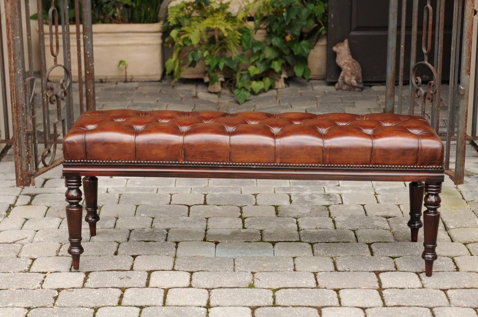 English Tufted Leather and Mahogany Backless Bench from the 1870s 4