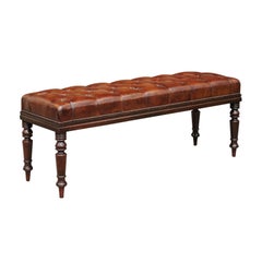 English Tufted Leather and Mahogany Backless Bench from the 1870s