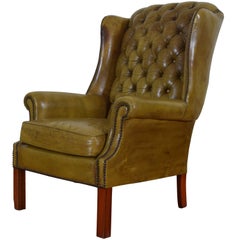 English Tufted Leather Upholstered Wingchair, Mid-20th Century