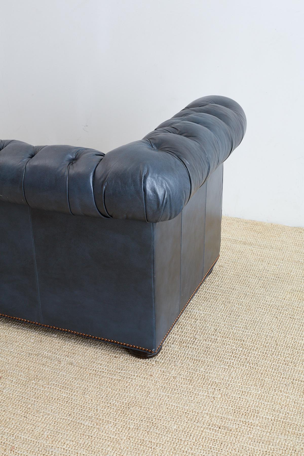 Brass English Tufted Navy Blue Chesterfield Sofa