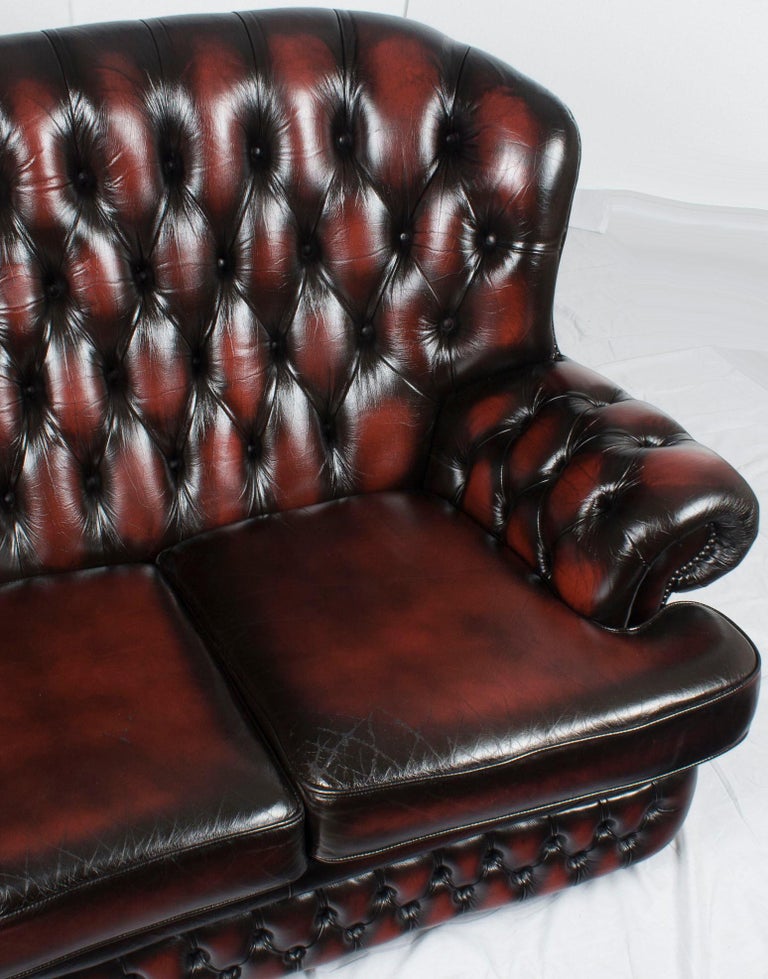 English Tufted Red Leather Tall Back Monk's Style Chesterfield Sofa