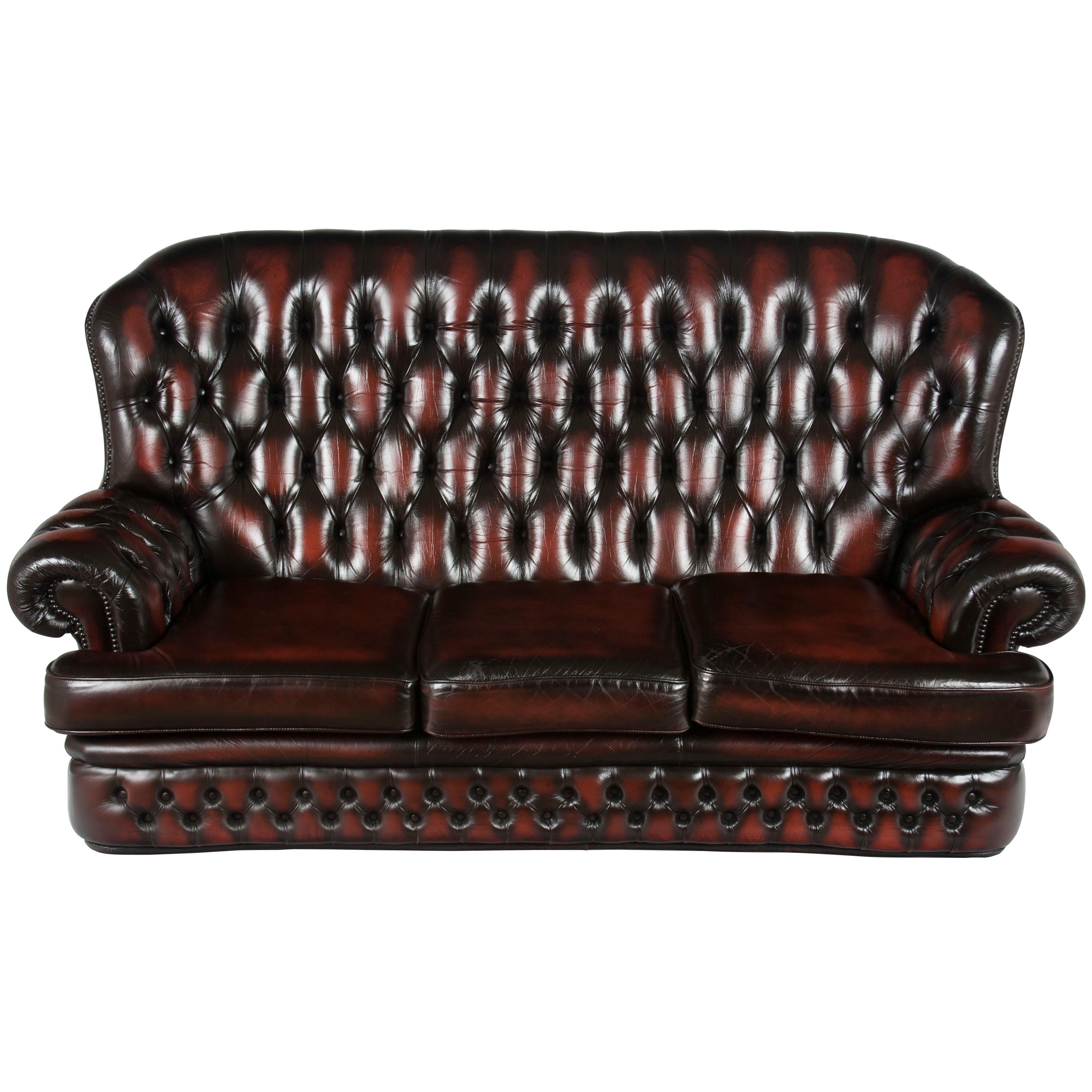 English Tufted Red Leather Tall Back Monk's Style Chesterfield Sofa Couch For Sale