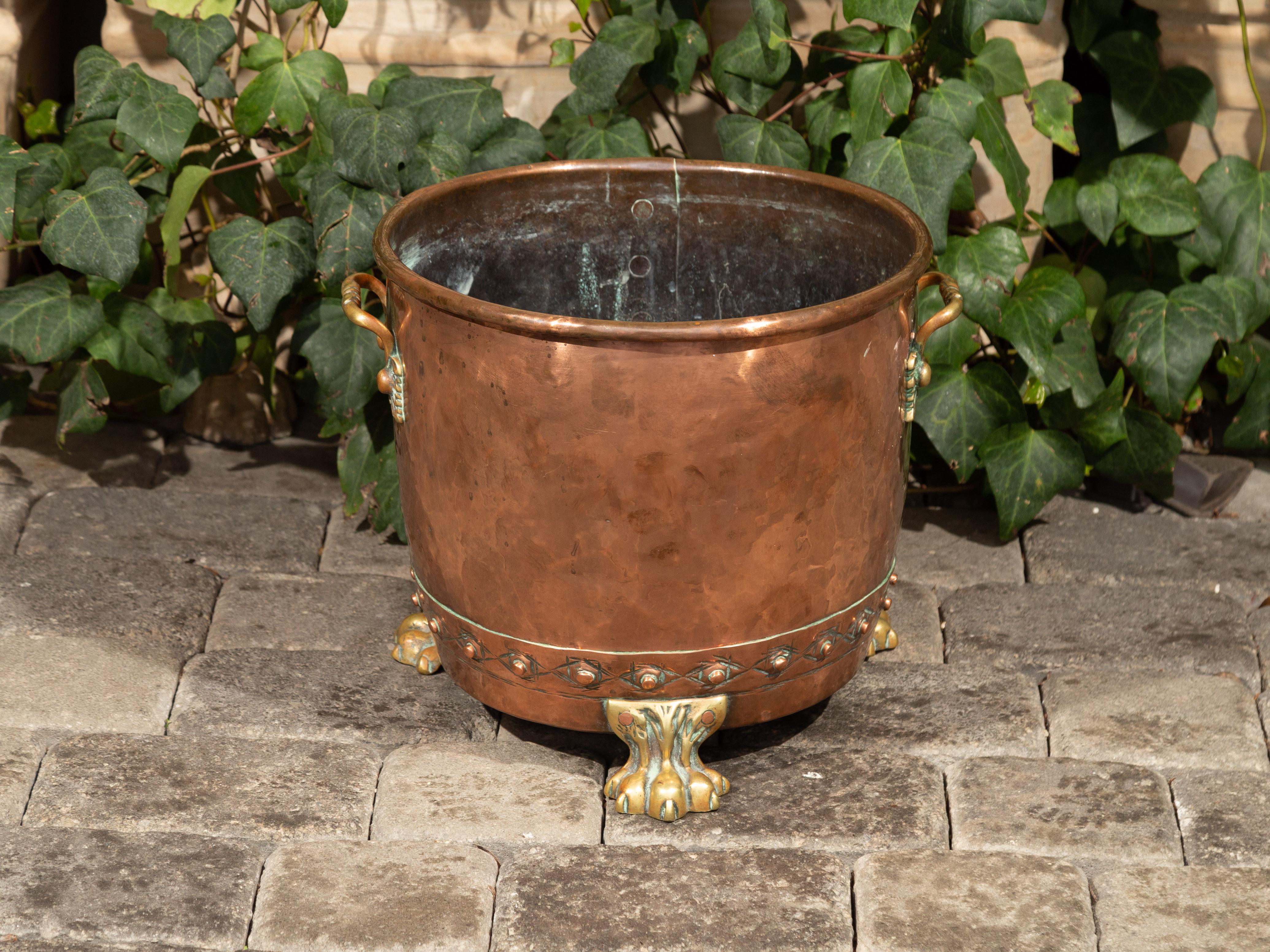 English Turn of the Century 1900s Copper and Brass Planter with Lion Paw Feet 3