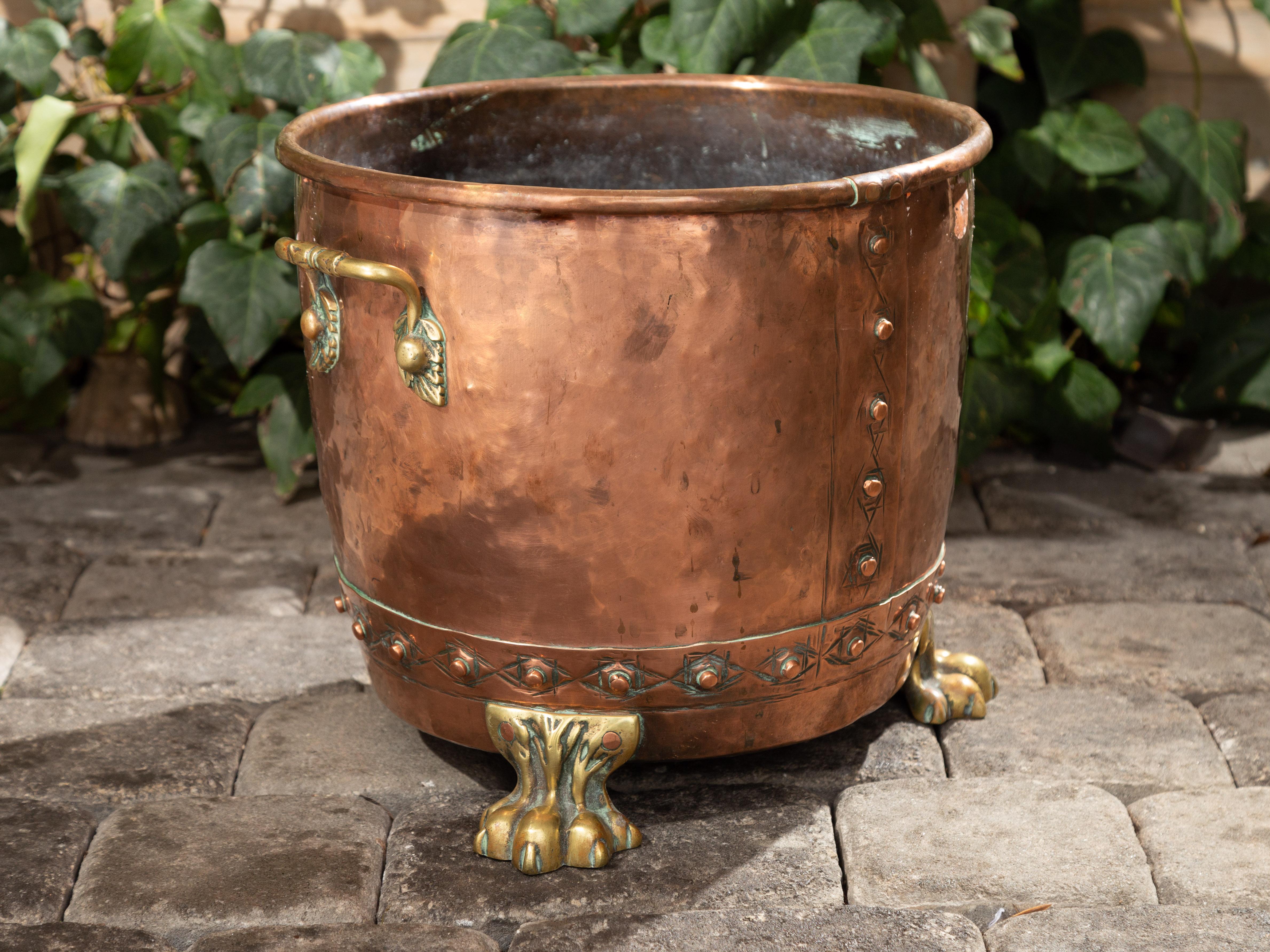 English Turn of the Century 1900s Copper and Brass Planter with Lion Paw Feet 2